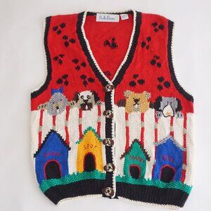 VTG Belle Pointe Red Knit Dog House Puppy Novelty Cabincore Sweater Vest XL